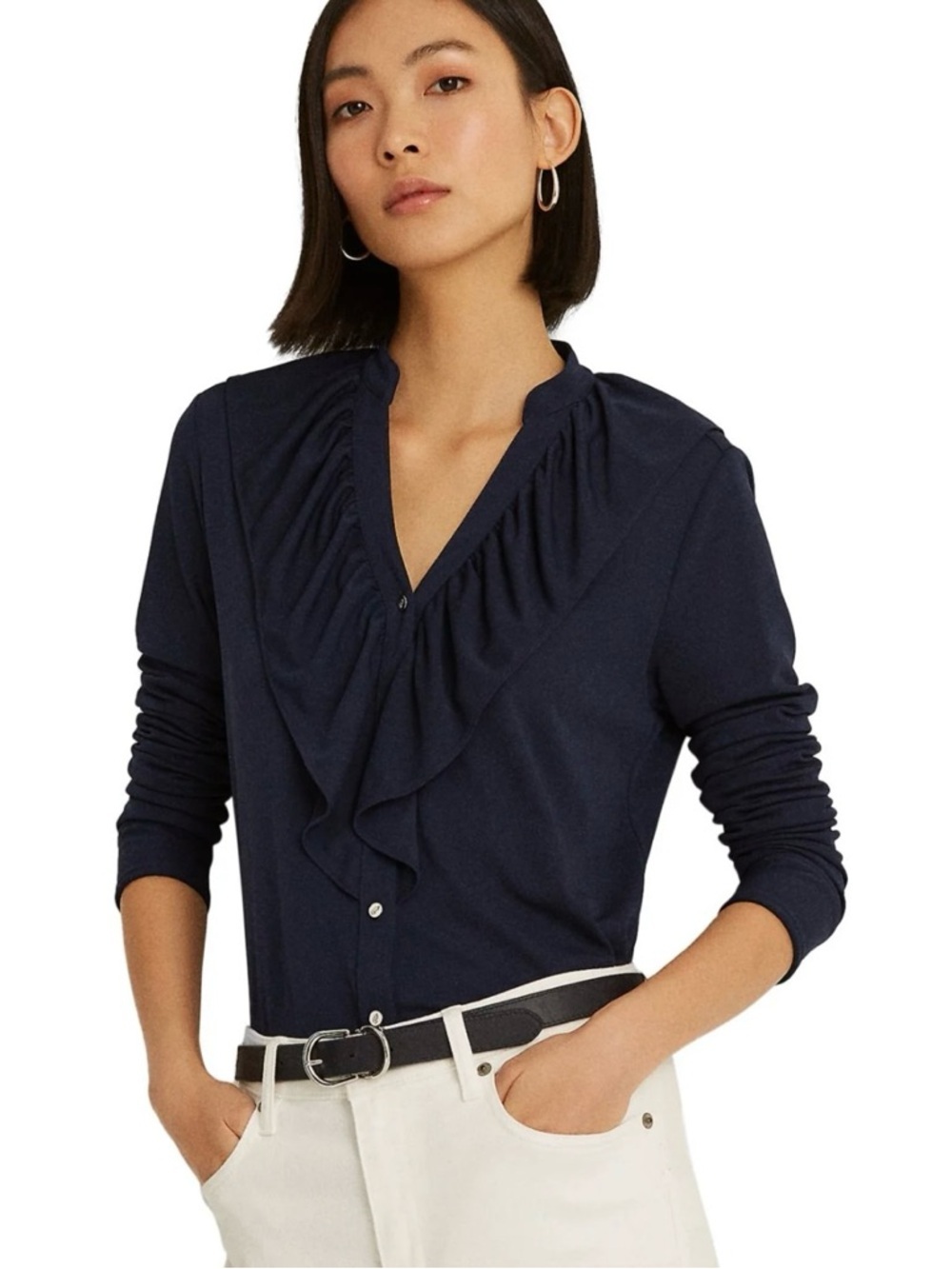 Ralph Lauren Main Label Ruffle Navy Soft Modal Long Sleeve Fitted V-Neck Blouse
